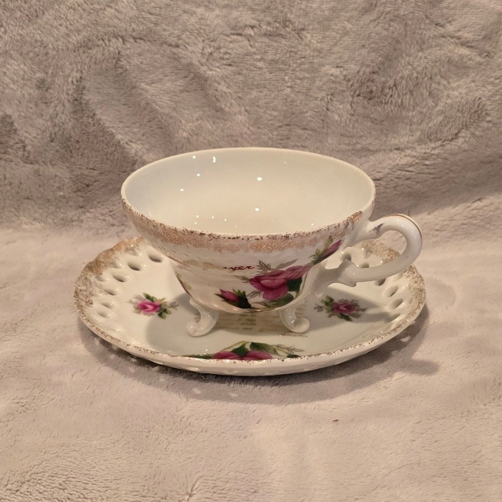 Vintage The Lords Prayer‎ Tea Cup Saucer Set Reticulated Pink Rose Gold Trim